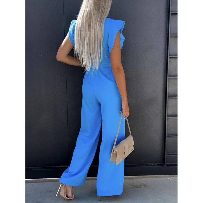 Ruffled Round Neck Cap Sleeve Jumpsuit