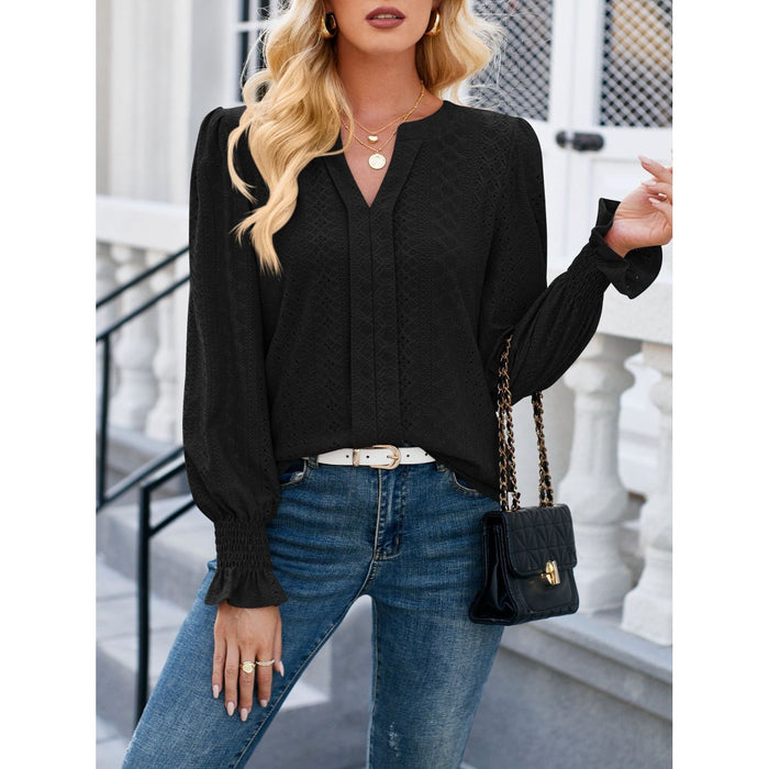 Eyelet Notched Flounce Sleeve Blouse