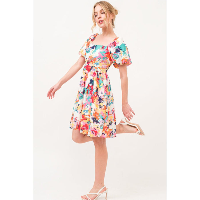 Square Neck Puff Sleeve Floral Dress