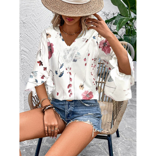 Ruffled Printed V-Neck Half Sleeve Blouse