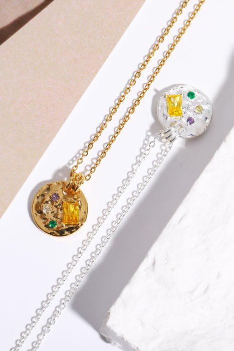 Inlaid Multicolored Zircon Round Pendant Copper Necklace