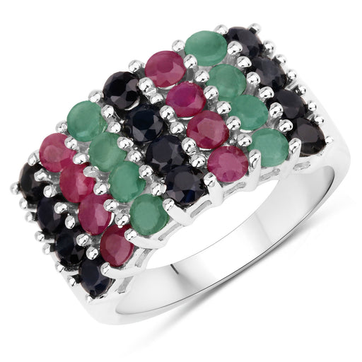 Bids.com "3.40 Carat Genuine Emerald, Ruby and Black Sapphire .925 Sterling Silver Ring Rings