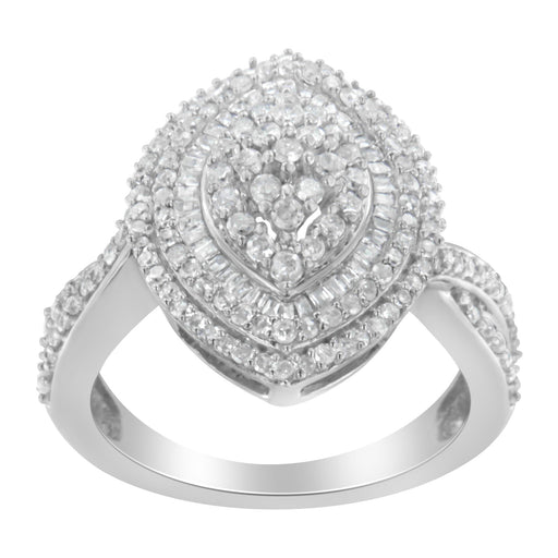 Bids.com .925 Sterling Silver 1.0 Cttw Round & Baguette-Cut Diamond Marquise-Shaped Cluster Triple Stepped Halo Cocktail Fashion Ring (I-J Color, I2-I3 Clarity) - Size 7 Rings