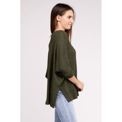 3/4 Sleeve V-Neck Hi-Low Hem Jacquard Sweater