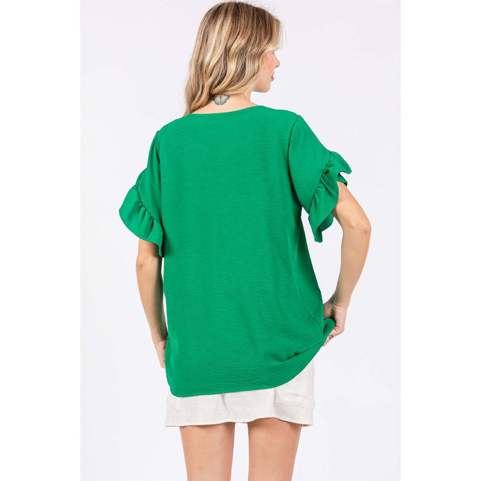 GeeGee Ruffled Short Sleeve V-Neck Blouse