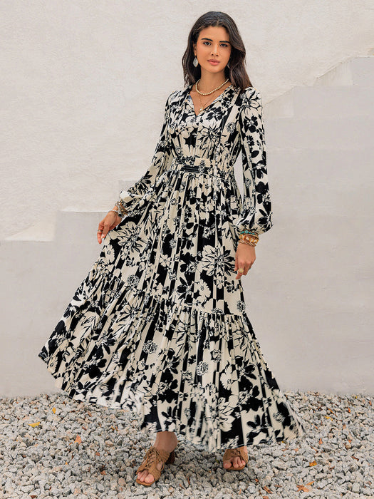 Printed Tie Neck Long Sleeve Dress