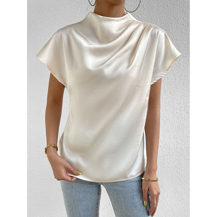 Ruched Mock Neck Short Sleeve Blouse