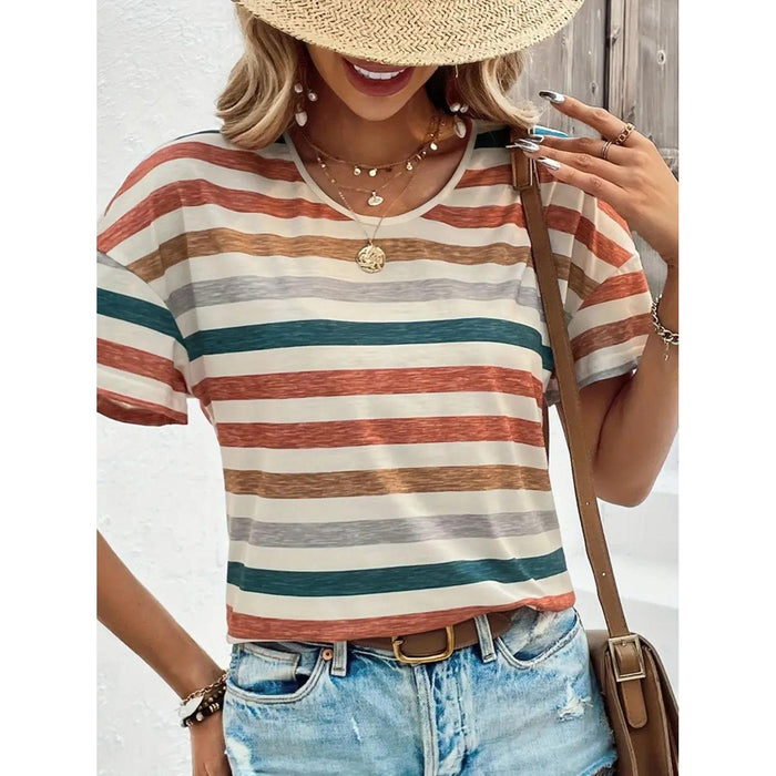 Striped Round Neck Short Sleeve T-Shirt