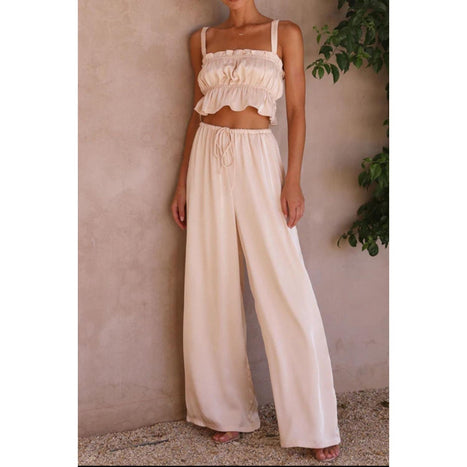 Ruffled Sleeveless Top and Wide Leg Pants Set