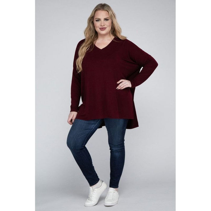 Plus Dolman Sleeve V-Neck Side Slit Hi-Low Hem Top