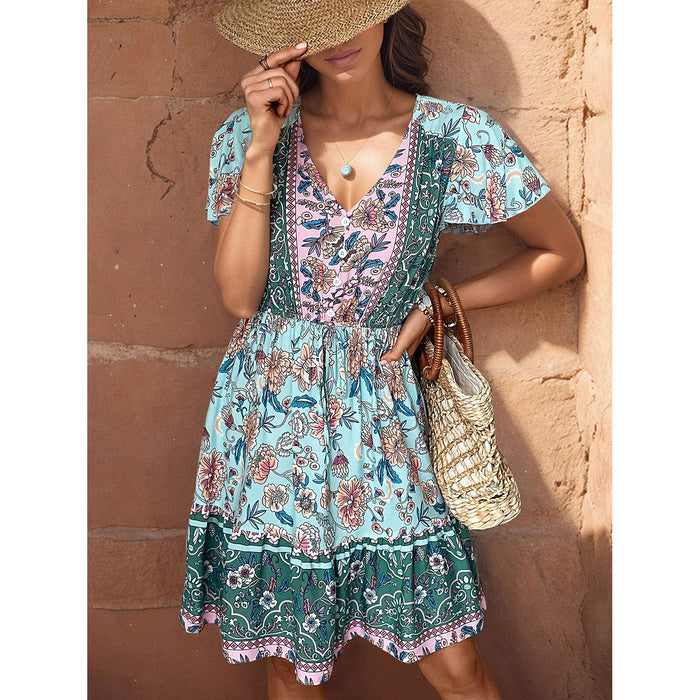 Printed V-Neck Flutter Sleeve Dress