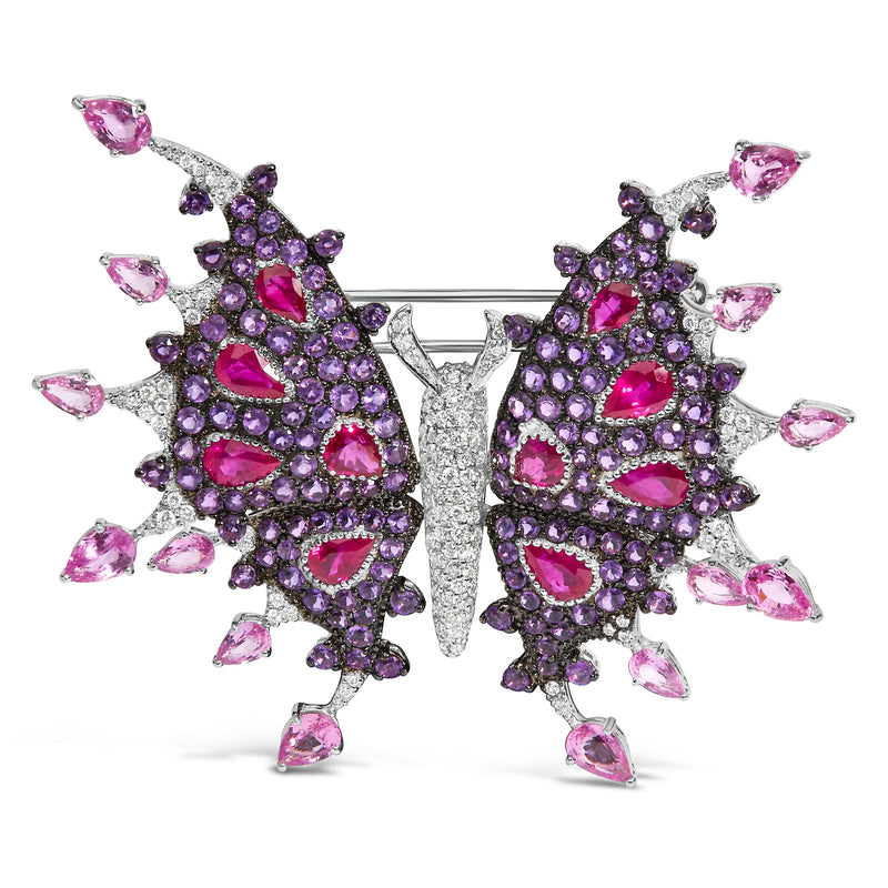 Bids.com 18K White Gold 1.00 Cttw Diamond, Ruby  Sapphire, and Amethyst Mixed Gemstone Butterfly Brooch Pin (G-H Color, VS1-VS2 Clarity) Accessories