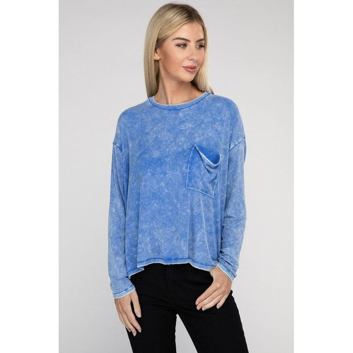 Washed Ribbed Dolman Sleeve Round Neck Top