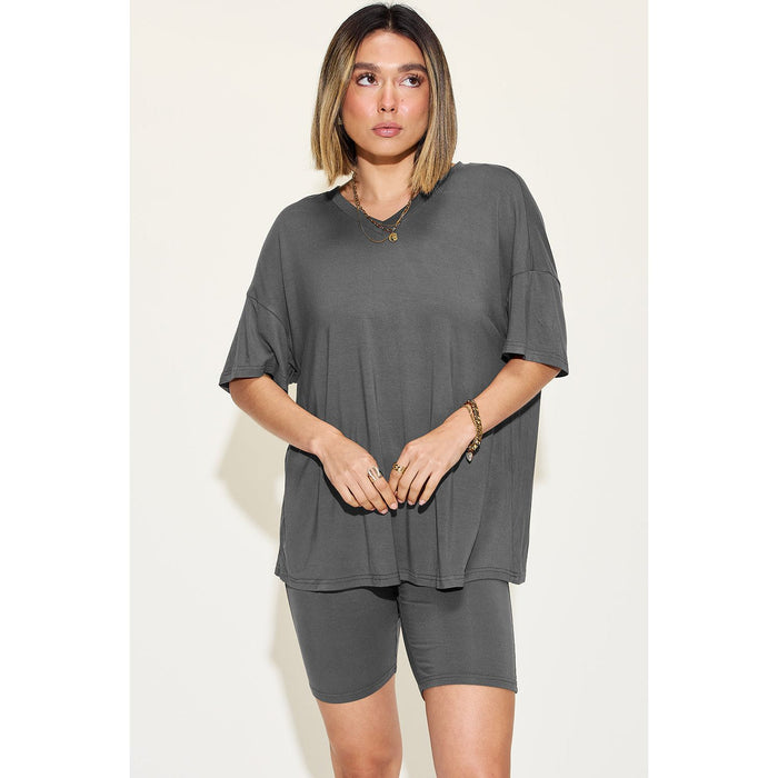 V-Neck Drop Shoulder Short Sleeve T-Shirt and Shorts Set