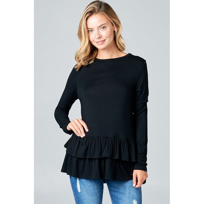 RUFFLE BOTTOM LONG SLEEVE ROUND NECK TUNIC TOP