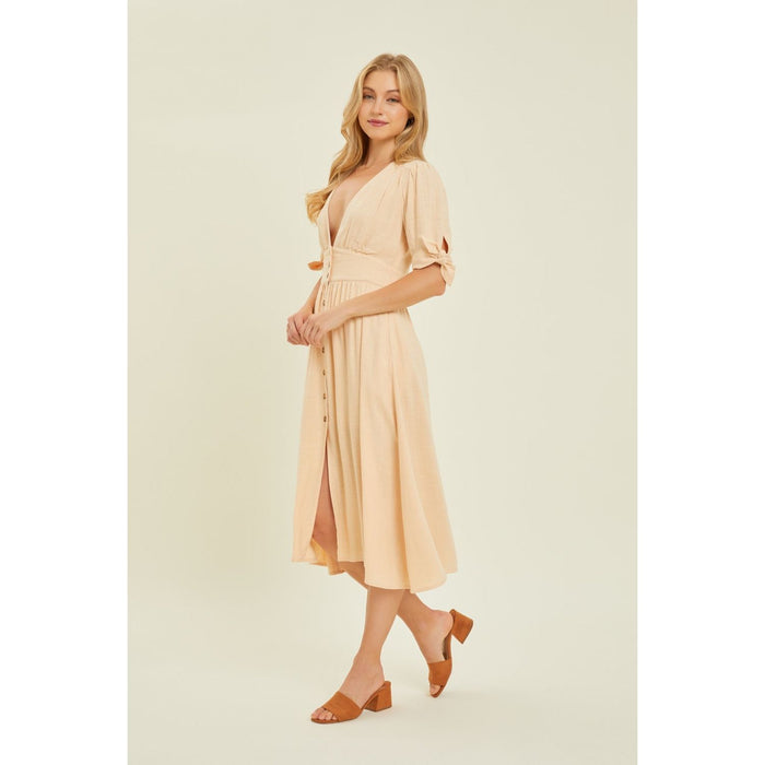 HEYSON Textured Linen V-Neck Button-Down Midi Dress