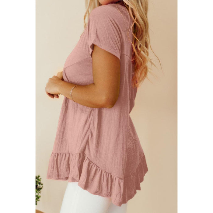 Ruffled Round Neck Short Sleeve Blouse