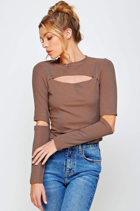 RIBBED FITTED LONG SLEEVE TOP WITH CHEST CUTOUT AN