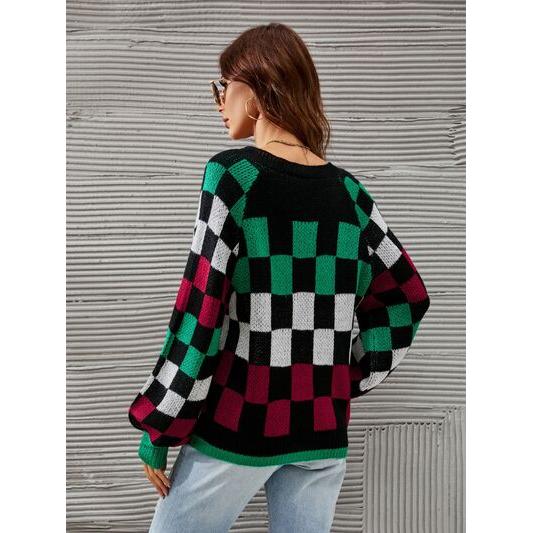 Checkered V-Neck Lantern Sleeve Sweater