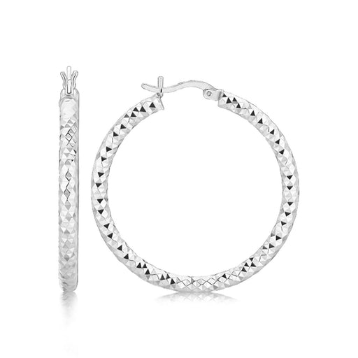 Bids.com Sterling Silver Faceted Motif Large Hoop Earrings with Rhodium Plating Earrings