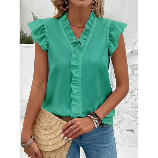 Ruffled V-Neck Cap Sleeve Blouse