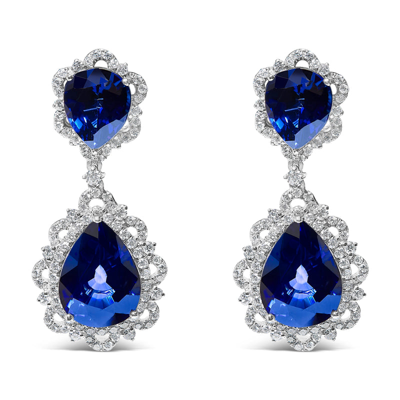Bids.com 18K White Gold Blue Sapphire and Diamond 2.00 Cttw Diamond Halo Drop and Dangle Earring (G-H Color, SI1-SI2 Clarity) Earrings