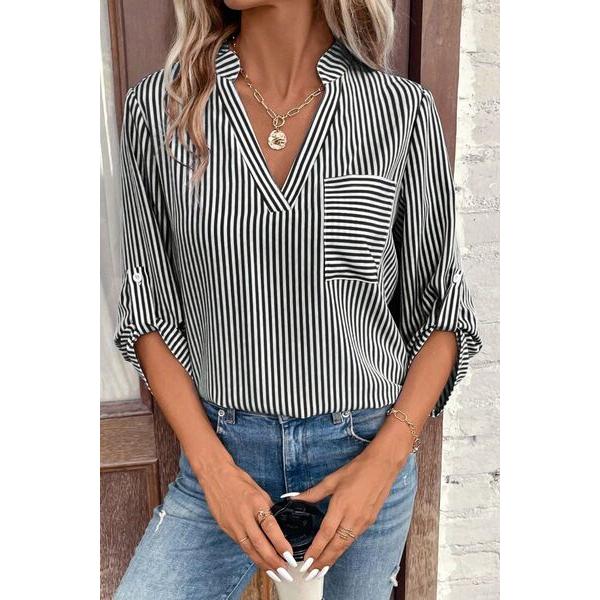 Striped Notched Roll-Tab Sleeve Shirt