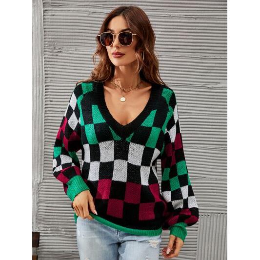 Checkered V-Neck Lantern Sleeve Sweater