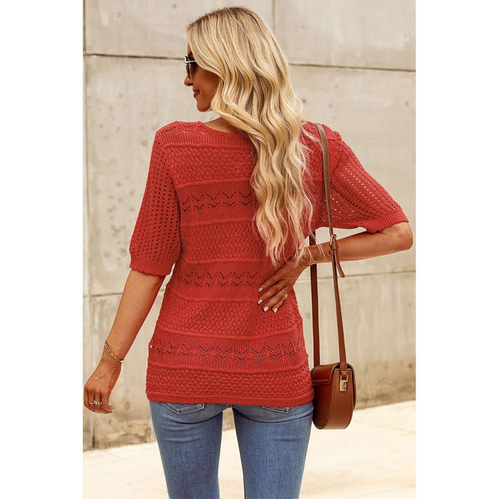 Openwork Round Neck Half Sleeve Knit Top