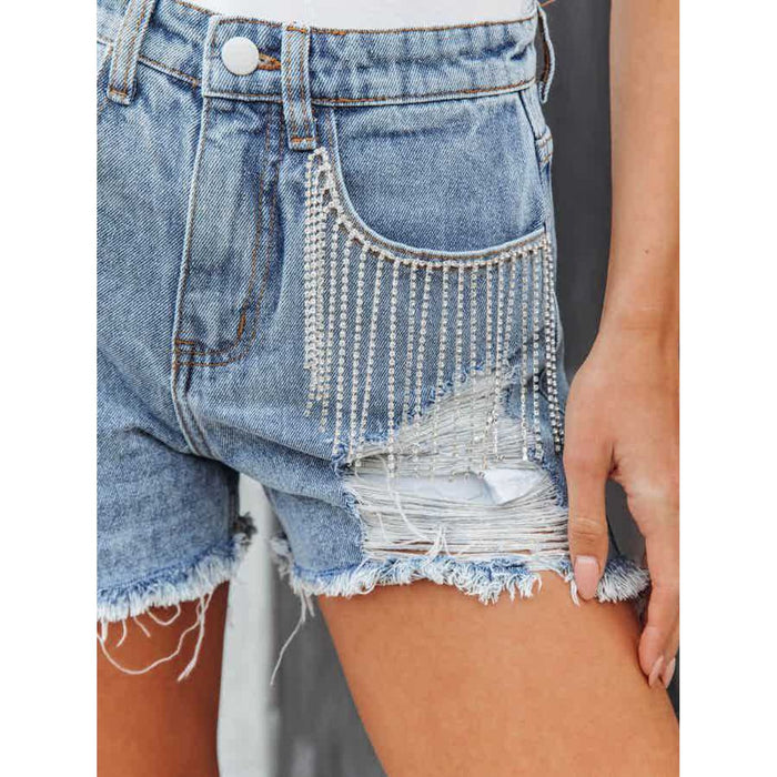 Distressed Fringe Denim Shorts with Pockets