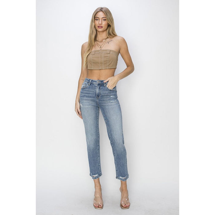 RISEN High Waist Distressed Cropped Jeans