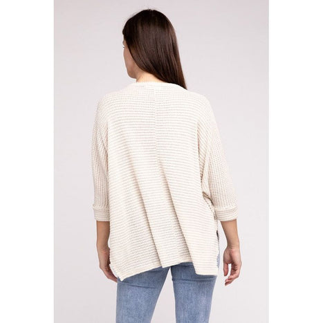 3/4 Sleeve V-Neck Hi-Low Hem Jacquard Sweater