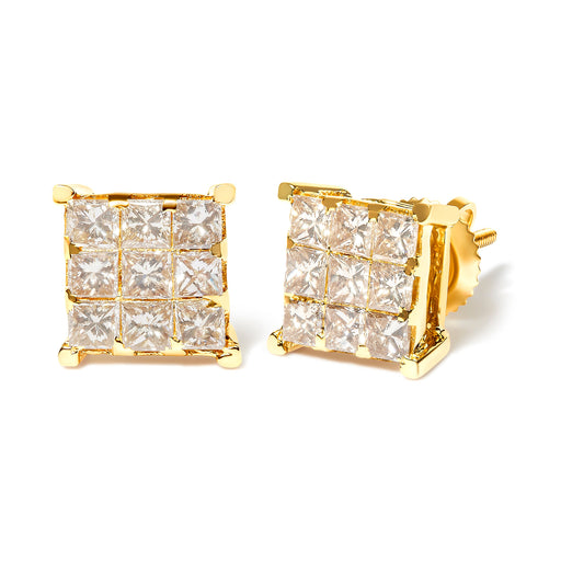 Bids.com 14K Yellow Gold 1 1/2 Cttw Invisible Set Princess-Cut Diamond 9 Stone Square Stud Earrings (J-K Color, SI2-I1 Clarity) Earrings