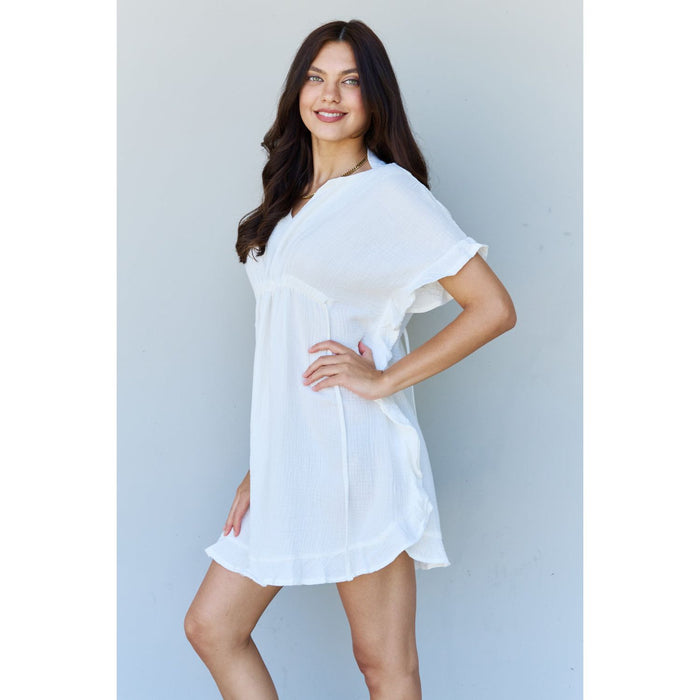 Ruffle Hem Dress with Drawstring Waistband in White