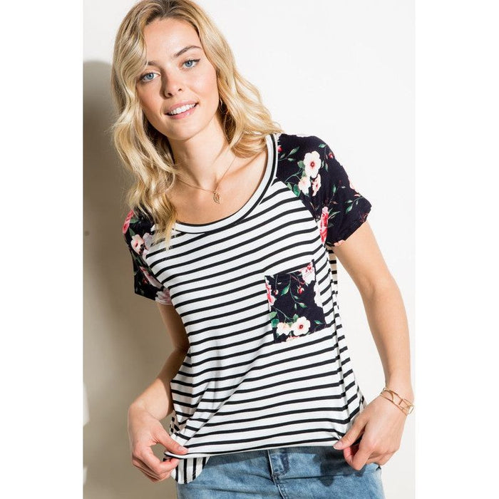 STRIPE FLORAL MIX SHORT SLEEVE TOP