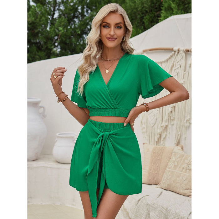 Surplice Flutter Sleeve Top and Tied Shorts Set