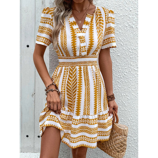 Geometric Notched Short Sleeve Mini Dress