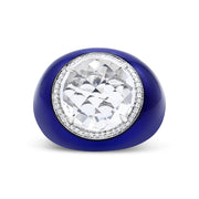 Bids.com 18K White Gold 14mm White Quartz and 1/5 Cttw Diamond Halo with Blue Enamel Dome Ring (F-G Color, VS1-VS2 Clarity) - Ring Size 7 Rings
