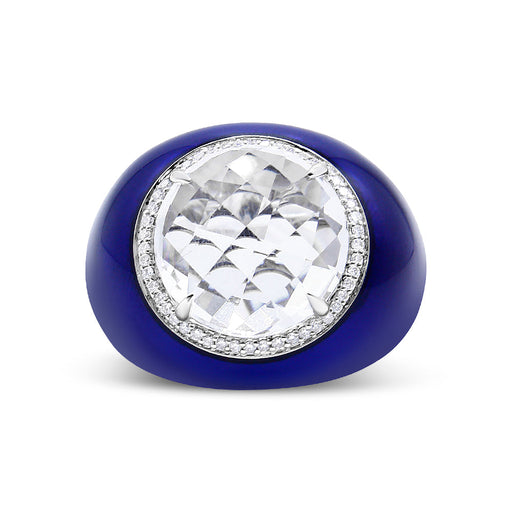 Bids.com 18K White Gold 14mm White Quartz and 1/5 Cttw Diamond Halo with Blue Enamel Dome Ring (F-G Color, VS1-VS2 Clarity) - Ring Size 7 Rings