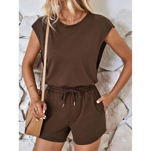 Cutout Round Neck Cap Sleeve Romper