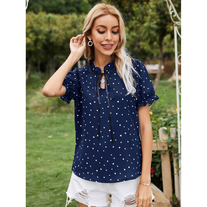 Heart Print Tie Neck Short Sleeve Blouse