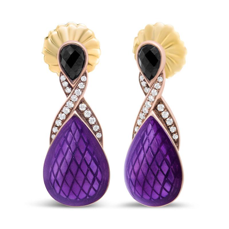 Bids.com 18K Rose Gold Flash Plated .925 Sterling Silver Purple Enamel 1/5 Cttw Round Pave-Set Diamond and 5.5 x 4mm Pear-Shaped Black Onyx Drop Earrings (F-G Color, VS1-VS2 Clarity) Earrings