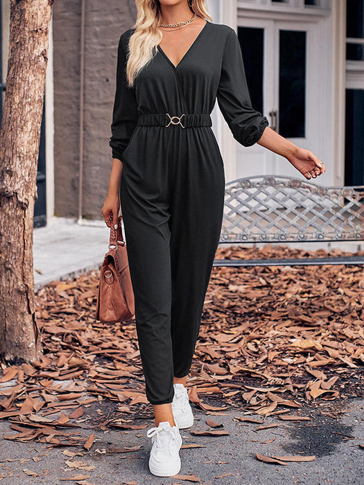 Long Sleeves Belted Elasticity V-Neck Jumpsuits by migunica