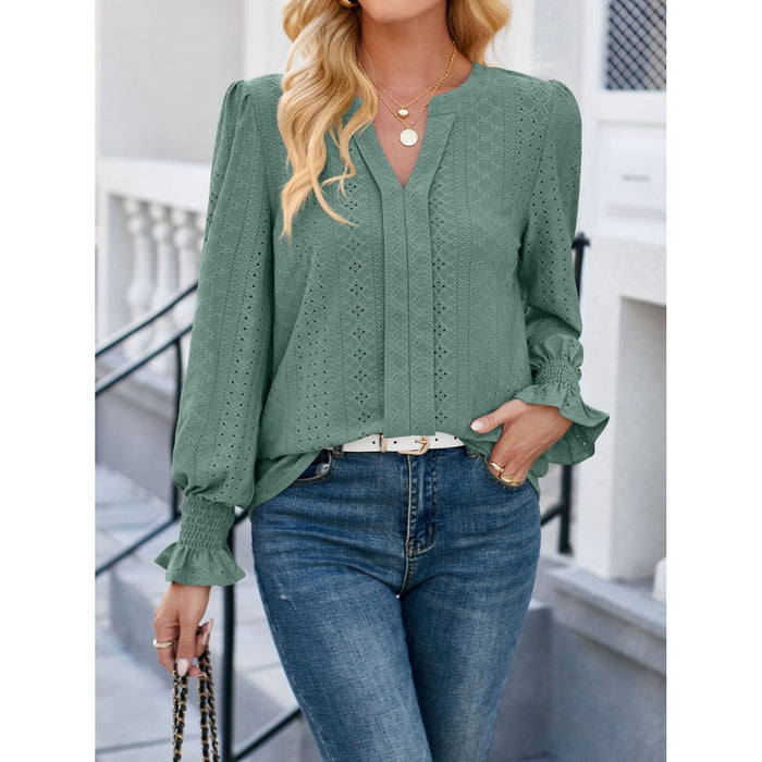 Eyelet Notched Flounce Sleeve Blouse