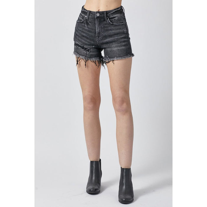 Raw Hem Denim Shorts with Pockets in Black