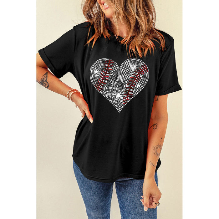 Rhinestone Heart Round Neck Short Sleeve T-Shirt