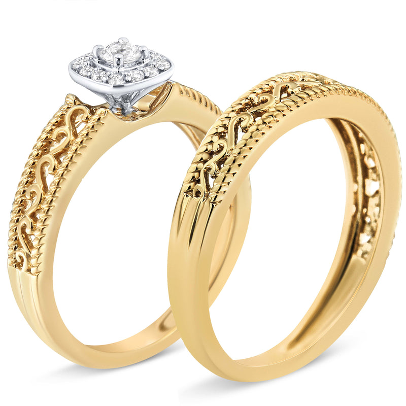 Bids.com 14K Yellow Gold Plated .925 Sterling Silver 1/5 Cttw Diamond Halo and Milgrain Finish Engagement Ring Bridal Set (I-J Color I3 Clarity) - Size 7 Rings