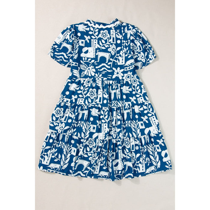 Printed Notched Short Sleeve Mini Dress