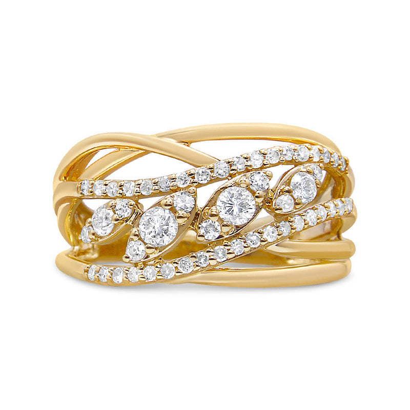 Bids.com 10K Yellow Gold 1/2 Cttw Round-Cut Multi Row Diamond Split Shank Cocktail Ring (H-I Color, SI2-I1 Clarity) - Size 7 Rings