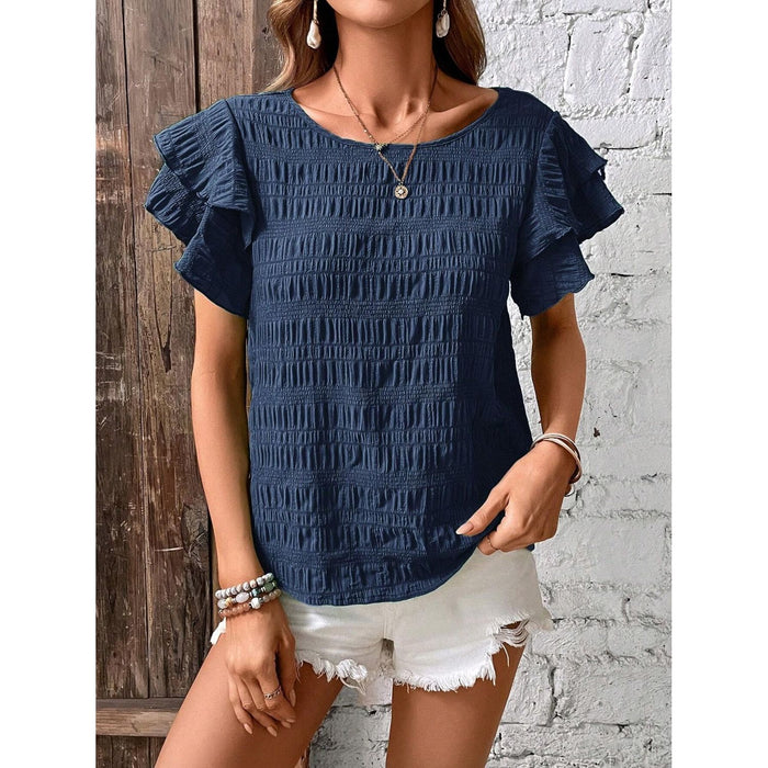 Round Neck Flounce Sleeve Blouse